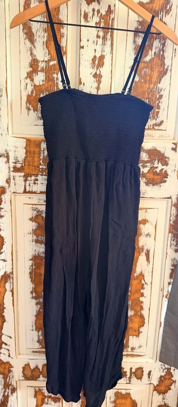 prAna Black Smocked Spaghetti Strap Flowy Jumpsuit Resortwear Boho SoftGirl